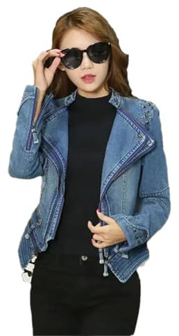 Damen-Jeansjacke mit Nieten, langärmelig, lässig, lockeres Revers, einfarbig, Reißverschluss, Jeansmantel, blau, L