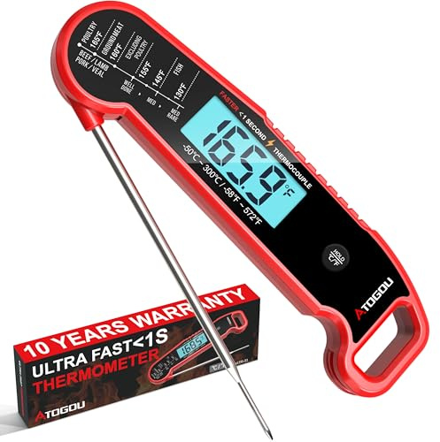 Thermoelement-Fleischthermometer, <1 Sekunde, ±0,3 °C Genauigkeit, IP67 wasserdicht, automatisch Display mit Hintergrundbeleuchtung. Ideal für Fleisch, Süßwaren, Grillgerichte TH-31 rot