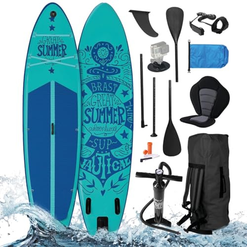 BRAST SUP Board Summer | Aufblasbares Stand up Paddle Set | 320x81x15cm viele Modelle | 5 Jahre Garantie | inkl. Sonderzubehör | 2in1 Paddel Kajak-Sitz Action-Cam-Halterung Fußschlaufe |Türkis Dunkel
