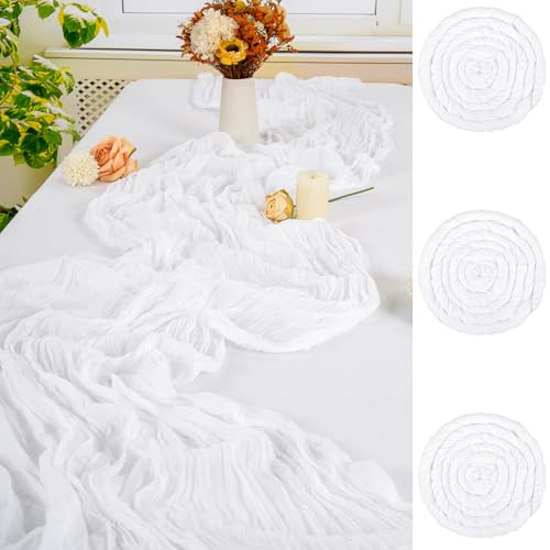 FXKS 3 Stück Weiß Cheesecloth Tischläufer,90 x 300 cm | Polyester Gaze Stoff Boho Tischläufer Käsetuch Hochzeit Tischdecke für Hochzeit Brautparty Bankett Dekoration