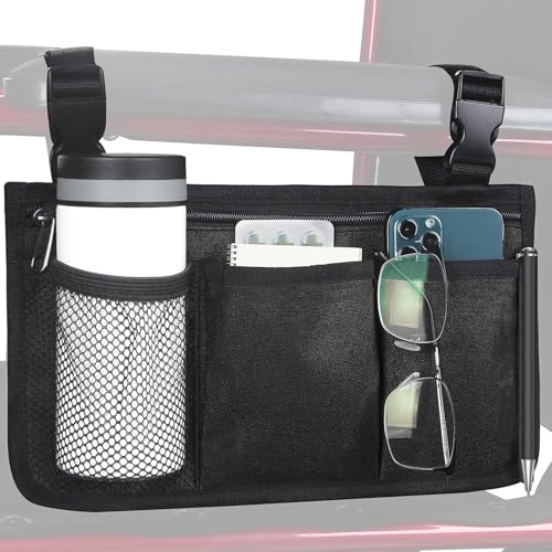 FLZONHUT Borsa per Sedia a Rotelle,Borsa Sedia con Strisce Riflettenti,Rotelle con Tasche per Girello Anziani per Passeggino per Sedie Rotelle,Passeggini (Nero)