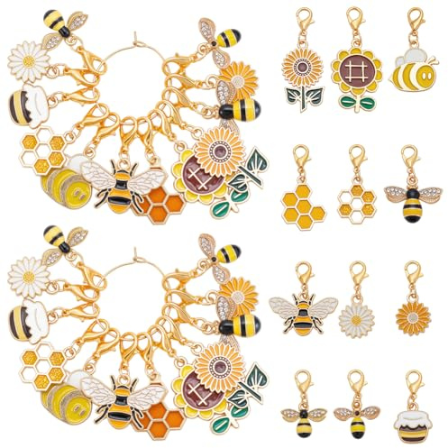 UNICRAFTALE 24 Stück 12 Stile Bienen Maschenmarkierer Zum Häkeln Emaille Wabenmuster Gänseblümchen Planer Häkelmarkierer Abnehmbare Karabinerverschlüsse Verriegelung Stricken Zum Weben Nähzubehör