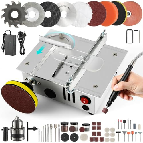 Mini sierra de mesa, mini sierras de mesa para manualidades, mini sierra de mesa multifuncional, control de doble motor para cortar, moler, grabar y taladrar. Velocidad y ángulo ajustables, para