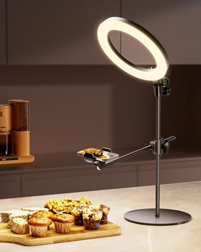 Ring Light Overhead Camera Mount for Desk, LUXSURE 10.5 Ring Light with Stand for iPhone, Adjustable Overhead Tripod with Shooting Arm & Phone Holder for Video Recording, Content Creation, Cooking
