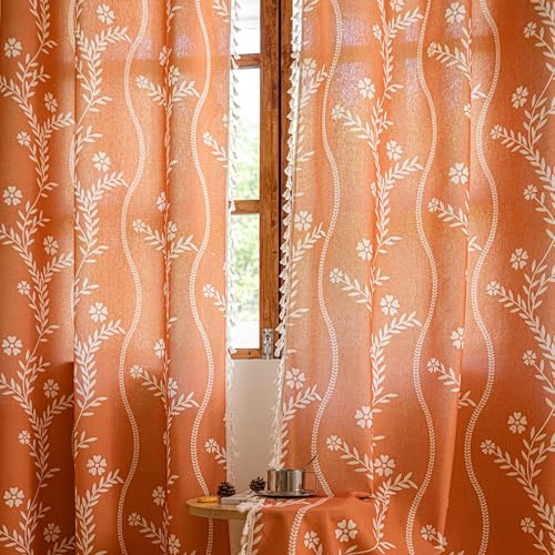 Sutuo Home Terracotta Boho Linen Curtains for Bedroom Laundry Set of 2,Semi Blackout Halloween Strips Burnt Orange Bohemian Floral Farmhouse Vintage Chic Style Tassels Window Treatment 52 W x 72 L