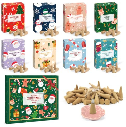 SCENTORINI Cônes d'Encens de Noël, 120 Cônes d'Encens Naturels, 8 Parfumés pour Méditation et Relaxation, Décoration de Maison et Pièce, Emballage de Boîte Cadeau de Noël