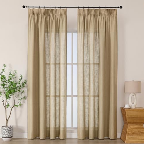 Simplebrand Vorhänge Leinen Kräuselbandvorhang Leinenoptik Vorhang Boho Gardine mit Kräuselband Semi-transparent Leinenvorhang Gardinen Bohren Curtains 2er Set für Schlafzimmer Leinen HxB 229x140 cm