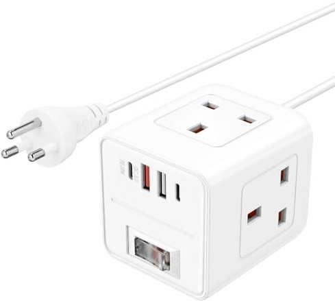 UK to Thailand Plug Adapter,3 Way UK to Thailand Plug Adaptor with 4 USB | (PD20W / QC3.0),Cube UK Travel Adapter with 1.5M Extension Cable(Type O)