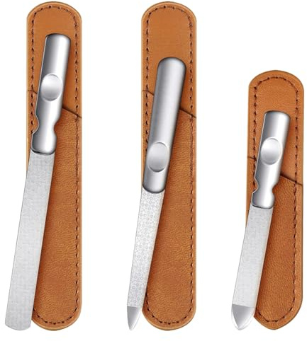Lot de 3 Lime à Ongles en Acier Inoxydable, Double Face Lime Métal à Ongle Professionnelle avec poignée antidérapante et pochette en cuir naturel pour Homme Femme Manucure Cosmétique les doigt