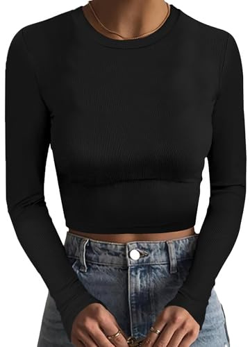 DUOEASE Crop Top Donna Slim Fit Costine Maglia Elegante Donna Girocollo Maglietta Maniche Lunghe Nero-M