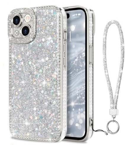 Lafunda for iPhone 14 Case Glitter with Wrist Strap, Silver | Luxury Sparkly Shiny Diamonds Case for Women Girls, with Bling Strap Lanyard, Glossy TPU Bumper Shockproof Protective Cover