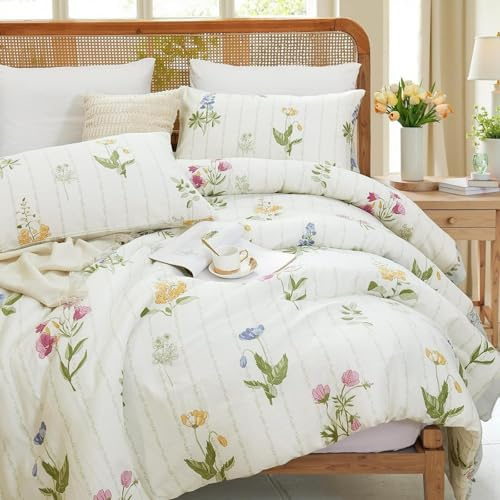 Tospass Bettwäsche 135x200 Blumen Rosa Weiß Floral Schleife Bettwäsche Set | Aesthetic Bettwäsche Mädchen, 2tlg Wendebettwäsche, Microfaser ÖKO-TEX Bettbezug mit Reißverschluss und 1 Kissenbezug 80x80cm