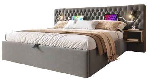 Coolywood Bettanlage Schlafzimmer Komplett Set,Polsterbett Hydraulisch Stauraumbett Doppelbett 160×200 cm mit 2 Nachttischen, Kopfteil Leselicht mit USB Ladefunktion, Grau (Ohne Matratze)