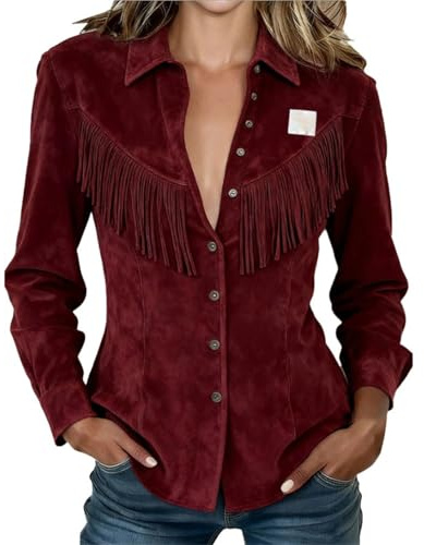 Camisas vintage de ante vaquera occidental para mujer, de manga larga, con botones, ajustadas, con flecos, elegantes camisetas casuales para uso diario, 1a-vino, XXL