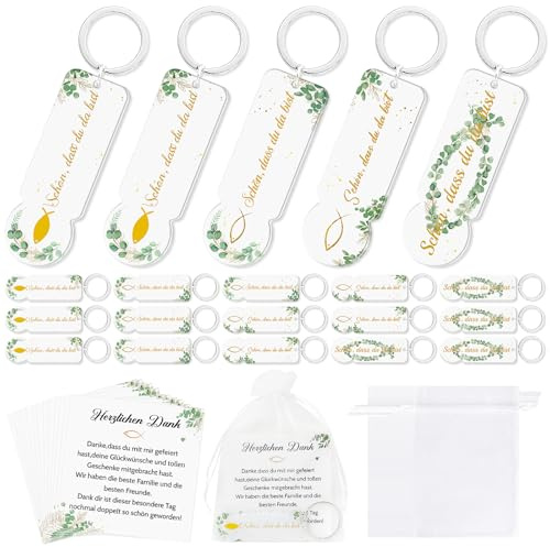 Epaing 20 Stück Acryl Einkaufswagenchip Schlüsselanhänger Set, Gastgeschenk Kommunion Deko für Junge Mädchen, Schön Dass Du Da Bist, Eukalyptus Einkaufschip Taufe Geschenk für Kommunion Konfirmation