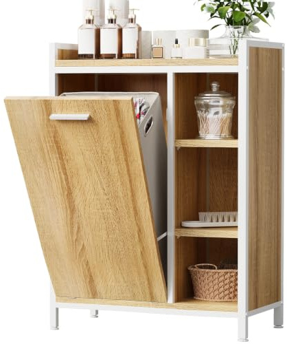 ELUCHANG Wäscheschrank Badezimmerschrank mit Wäschekorb,63x30x91cm | Wäscheschrank 50L, Badschrank mit 3 Ablagen Verstellbare Böden, Wasserdicht,Platzsparend für Kleines Bad, Wäscheküche,