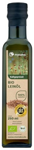 manako BIO Leinöl human, kaltgepresst und 100% rein, 250 ml Glasflasche