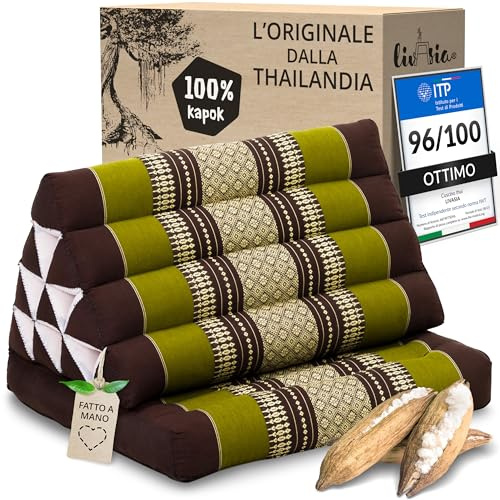 livasia Thaikissen mit 1 Auflage - 75x50x8cm - Dreieckskissen mit Sitzkissen, Keilkissen mit Kapok, Rückenkissen faltbar, Thaimatte zum Klappen, handgefertigt, Meditationskissen (Braun/Grün)