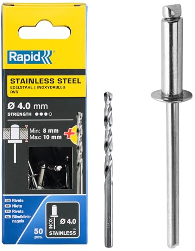 Rapid - Rivets Pop en Acier Inoxydable - Ø4.0 x 14 mm - 50pcs avec Foret | Rivets de type AISI304, classe A2 - Pour les applications en extérieur - Plage de serrage 8-10mm - Boîte carton (5000395)