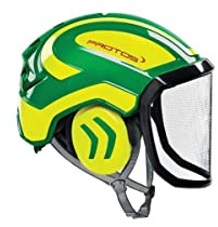 Protos Casco de seguridad integral arborista protección auditiva, equipamiento: visera fina, color: verde/amarillo