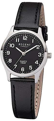 Regent Armbanduhr für Damen in der Farbe Schwarz mit Armband aus Leder, Wasserdichtigkeit: 5 bar, Gehäusedurchmesser: 27 mm, 12111233