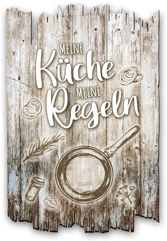 Kreative Feder Wandbild Küchen-Regeln aus Holz im Shabby Chic Landhaus-Stil - Holzschild Größe 30x20cm (Meine Küche)