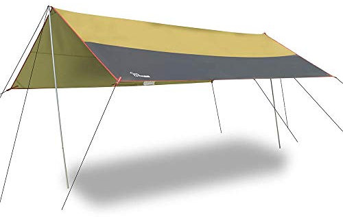 Sport Tent wasserdichte Camping Zeltplane Regenschutz Regen Fliegen Markise Sonnensegel Sonnenschutz Leicht mit Stangen und Anker/Heringen (300 x 300 x 200cm, Khaki/Grau)