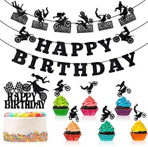 Zonon 20 Pieces Dirt Bike Birthday Decoration Dirt Bike Party Supplies Banner Cake Cupcake Topper for Motocross Themed Birthday Party Man or Boy Riding Room Wall Decoration (Classic Style)