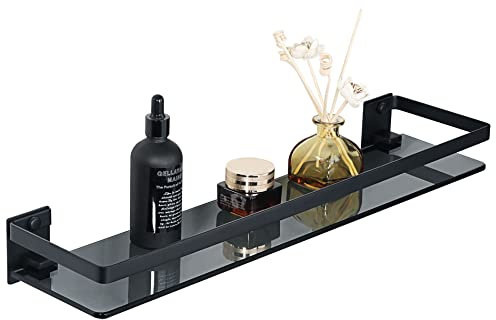 SAYAYO Bathroom Shelf Tempered Black Glass Shelf Wall Mounted with SUS304 Stainless Steel Rail, Shower Storage Shelves 20-Inch/ 50CM Length, EGDL1001-50-B