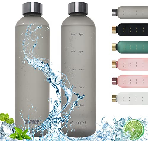 Trinkflasche 1L Wasserflasche Sport mit Zeitmarkierung Trinkerinnerung | Trinkflasche Kohlensäure Geeignet, Sportflasche Auslaufsicher, BPA-frei, Ideal für Sport und Outdooraktivität, Grau