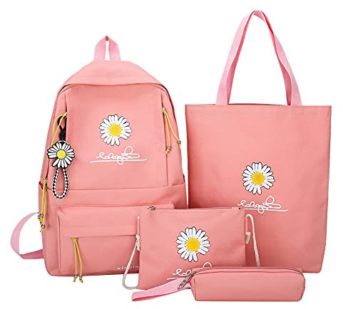 4pcs/Set Canvas Rucksack Student Girl Daisy Mochila Pen Clutch Bag (Rosa)