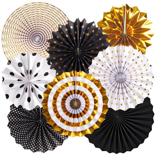 SUNBEAUTY 8 Stück Papier Fächer Dekoration Hanging Party Schwarz Gold Papierfächer Party Deko Set für Geburtstag Hochzeit Abschlussfeier Veranstaltungen Zubehör