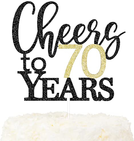 LOVENJOY Cheers to 70 Years Cake Topper for Happy 70th Birthday Anniversary Cake Decorations, Dual-Side Glitter Black and Gold
