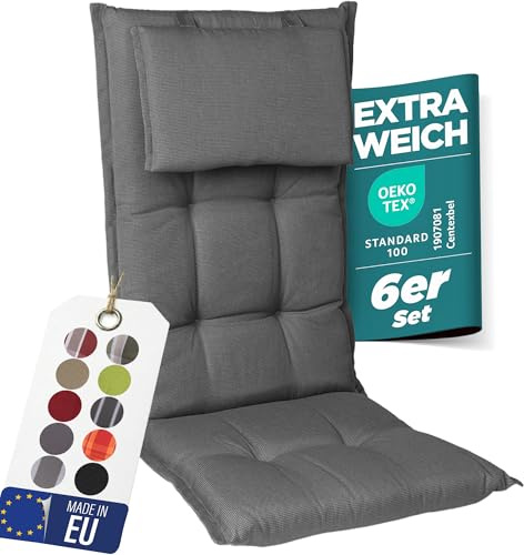 gardisun Gartenstuhlauflagen Hochlehner mit Kopfteil, 6er Set, Grau | Extra Dicke Sitzauflagen, Made in EU, Polsterauflagen für Hochlehner, Auflagen mit extra hoher Lichtechtheit