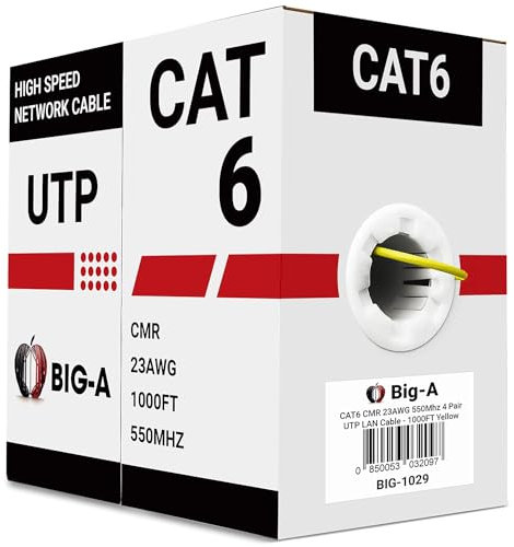 Big-A - Bulk Cat6 Ethernet Cable 1000ft 23AWG Solid 4 Pair, Cat 6 Cable Unshielded Twisted Pair (UTP) (CMR) 550MHz Internet Cable, Pull Box - Yellow