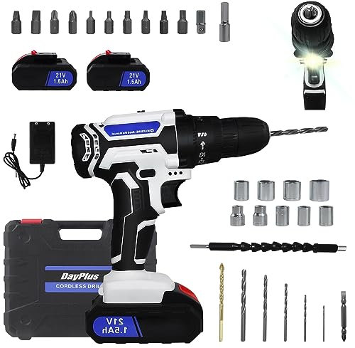 Qimu Akku-Bohrschrauber Akkubohrer 21V Akkuschrauber Set mit 2×1,5Ah Akkus, LED Licht, 2 Geschwindigkeitsstufen, 25+1 Drehmomentstufen, 45Nm Akku Bohrmaschine Schrauber mit 26tlg Zubehör, Kit-Kasten