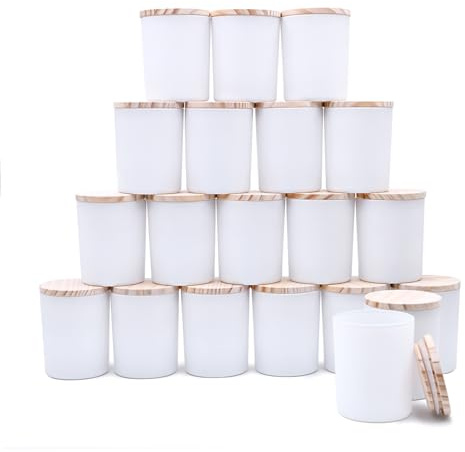 SHOWIN Lot de 20 pots de bougie épais avec couvercles en bois pour bougies en verre blanc mat