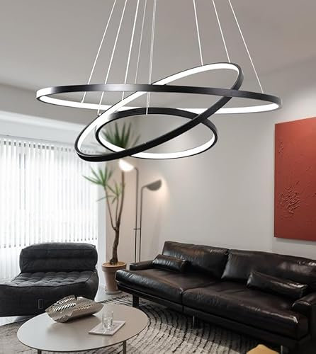 Qiaomao Lampadario Sospensione LED Moderna Nero, Dimmerabile Lampadari Soggiorno con Telecomando 76W, Creativo 3 Anelli Lampada a Sospensione Regolabile in Altezza per Sala da Camera Pranzo 20+40+60cm