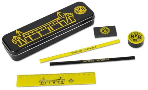 Borussia Dortmund unisex ungdom skrivset med metalllåda, exklusivt BVB skolset, svartgul, 21 x 7 x 4 cm