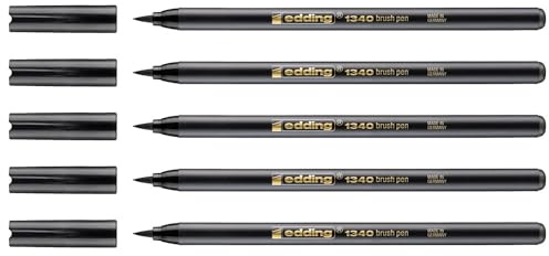 Edding 5 Filzstifte, Pinselspitze, 1340, Schwarz, 1 – 3 mm