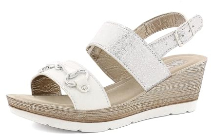 Sandali Donna in Ecopelle con Doppia Fascia e Zeppa, Plantare Imbottito, Fibbia e Cinturino Regolabile, Bianco, 37