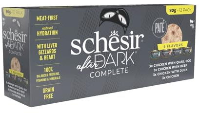 Schesir After Dark, Surtido Multisabor en Paté, Alimento Húmedo Completo para Gatos, en Latas, Sin Cereales, Alto Contenido en Proteínas, Rico en Hidratación, 12 x 80g