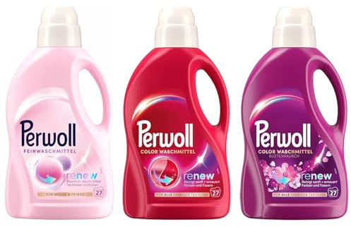 PERWOLL Flüssig-Set 3x 27 Waschladungen (81WL) 1x Color & 1x Color Blütenrausch & 1x Für Wolle & Feines, Feinwaschmittel-Set erneuert Farben, mit Dreifach-Renew-Technologie