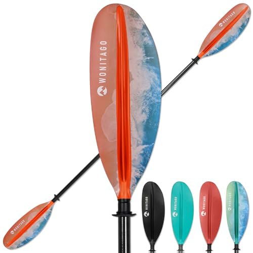 WONITAGO Kayak Paddle Premium Carbon Fiber Paddle with Reinforced PP + Fiberglass Blade, Floating Adjustable Kayaking Oars, 3 Piece, 240-260 cm/94-102 Inches, Ocean Orange