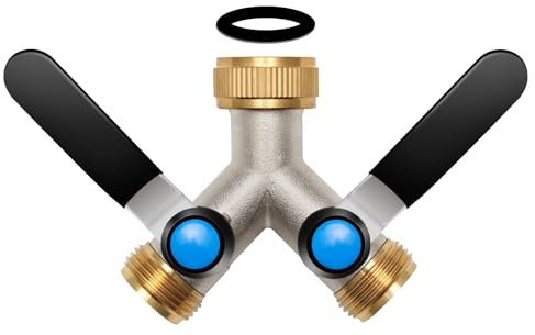 OPERMAXER 2-Wege Y Verteiler aus Messing [Normaler Durchfluss], 3/4 Zoll Wasseranschluss Wasserverteiler mit 2 separaten Absperrhähnen, Verlängerter Griff aus 304-Edelstahl,Für zwei Geräte verbinden