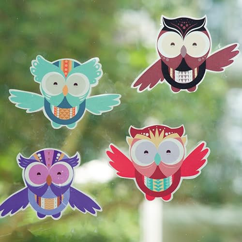 QUALIVEAU® Aufkleber zum Schutz vor Vogelschlag auf transparenter Milchglasfolie, 4 süße Eulen