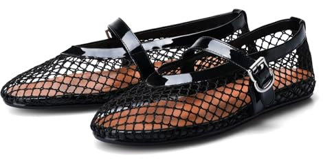 Adrizzlein Mesh Ballet Flats for Women Fishnet Ballerina Flats Buckle Strap Mesh Ballet Shoes Wide Width Casual Summer Dress Flat Shoes, Black, 9 UK
