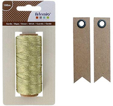 Spago dorato 100 m + 20 etichette kraft con gagliardetto