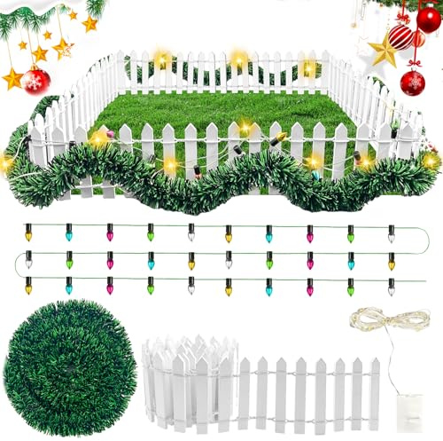 Accessoires pour Maison de poupée,Clôture de Jardin,Lampe de lumière | Miniature Clôture en Bois Blanc 90x5cm,Porte Lutin Bandes Lumineuses,Kit d'accessoires de lutin miniature(Couleurs chaudes)