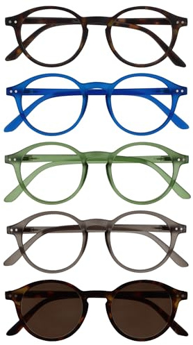 OPULIZE REY Lesebrille & Sonnenleser - 5er-Pack - Runder Retro-Rahmen - Mattbraun Blau Grün Grau Braun - Herren Damen - Federscharniere - RRRRS56-23672 - +2.50